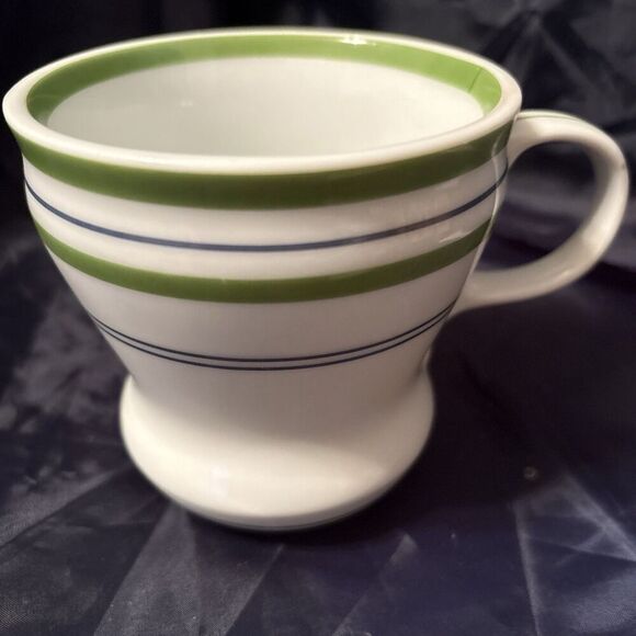 2007 Starbucks White Coffee Mug Green Band Blue Stripes Tea Cup 12oz - Picture 1 of 7